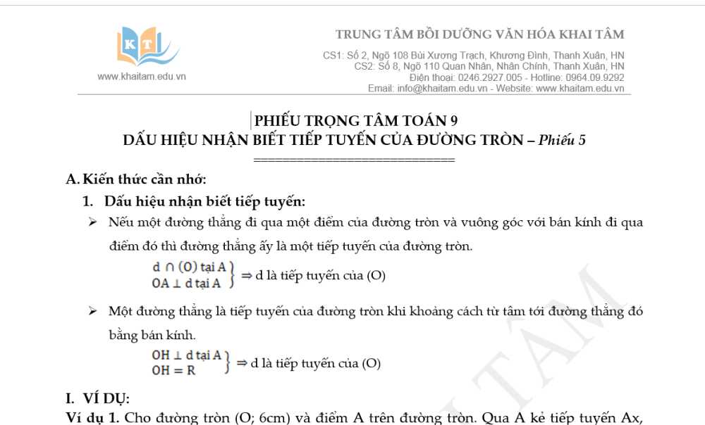 Toán 9: Tài liệu trọng tâm Hình học Chương 2 Phiếu  số 5-Dấu hiệu nhận biết tiếp tuyến của đường tròn